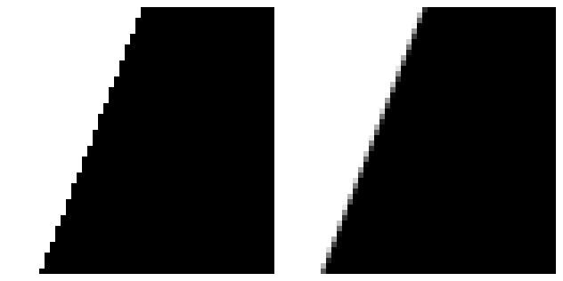 Two magnified 50 by 50 crops of the same rotated letter edge. On the left, nearest-neighbour: the diagonal boundary between white and black is a hard staircase of square blocks. On the right, bilinear: the same boundary is a smooth ramp, one or two pixels wide, of intermediate greys.