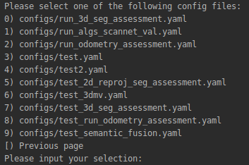 Terminal screenshot: a numbered list of config file paths under configs/ and user_configs/, with a prompt asking for a selection.