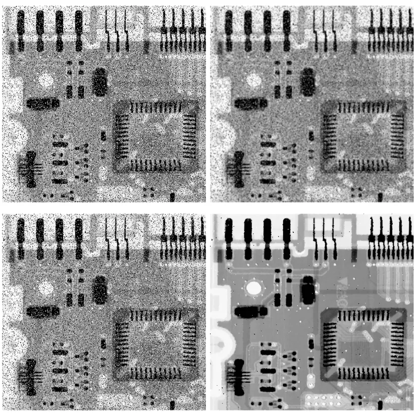Four grey-scale panels of the same noisy circuit board in a two-by-two grid. Top left: the original, dense black-and-white speckle over the whole board. Top right: local averaging, the speckle turned into a soft grey mottle that still covers everything. Bottom left: Gaussian blur, almost indistinguishable from the original. Bottom right: the median filter, a clean flat board with the traces and components crisply visible and only a handful of surviving specks.