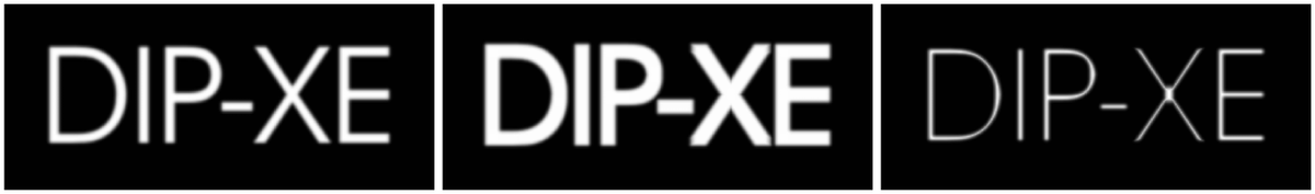 Three panels of white lettering reading DIP-XE on a black ground. Left: the original, moderately thick strokes. Middle: after a five by five max filter, the letters are noticeably fatter and the counters of the D and P have closed up. Right: after a five by five min filter, the letters are reduced to thin hairlines, in places broken.