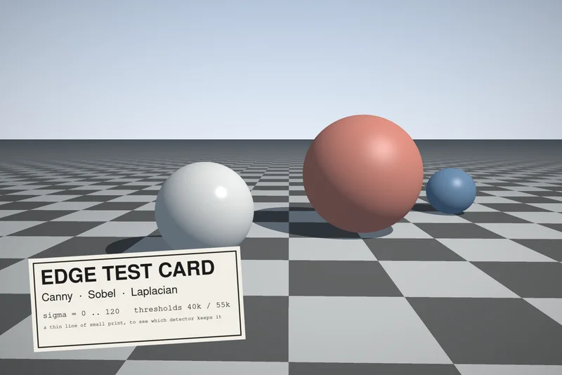 The bundled sample: a ray-traced scene of three spheres on a checkerboard floor with a printed test card propped in front of them