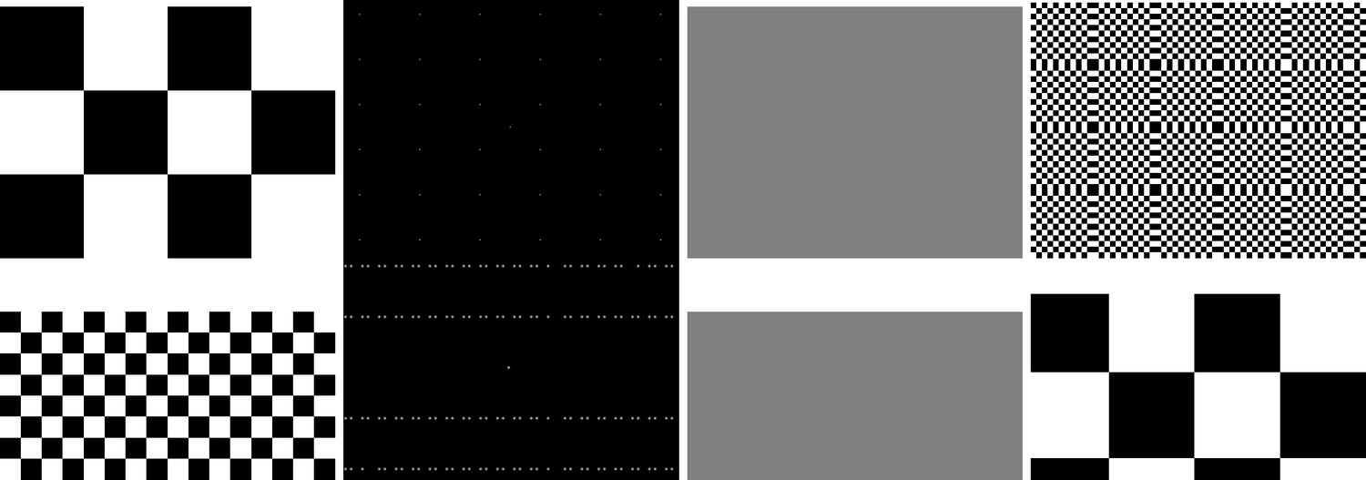 Two rows of four panels. Each row: a checkerboard, its DFT as a black field with a sparse grid of bright dots, a flat grey rectangle, and a checkerboard at a different scale from the original.