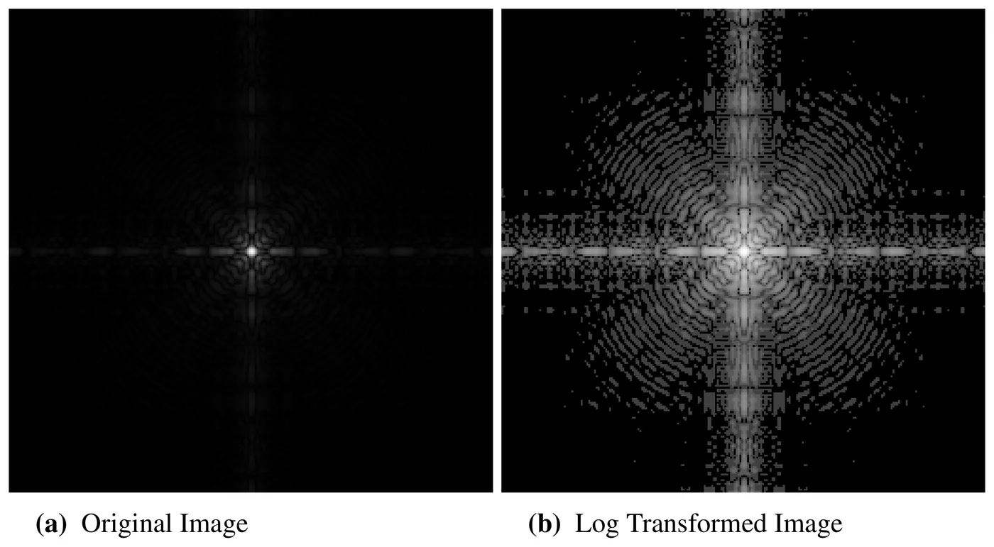 Two square images side by side: the raw DFT magnitude of a test image, showing only a single bright point at the centre on an otherwise black field, and the same spectrum after a log transform, showing rich radial and cross-shaped structure throughout.
