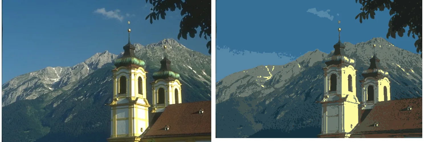 Left: a photograph of a church in front of a mountain. Right: the same scene segmented by mean shift into flat regions of colour.