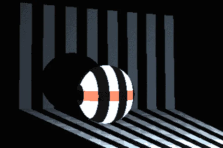 One Gray-code bit plane projected onto the sample scene: broad stripes bending over the ball